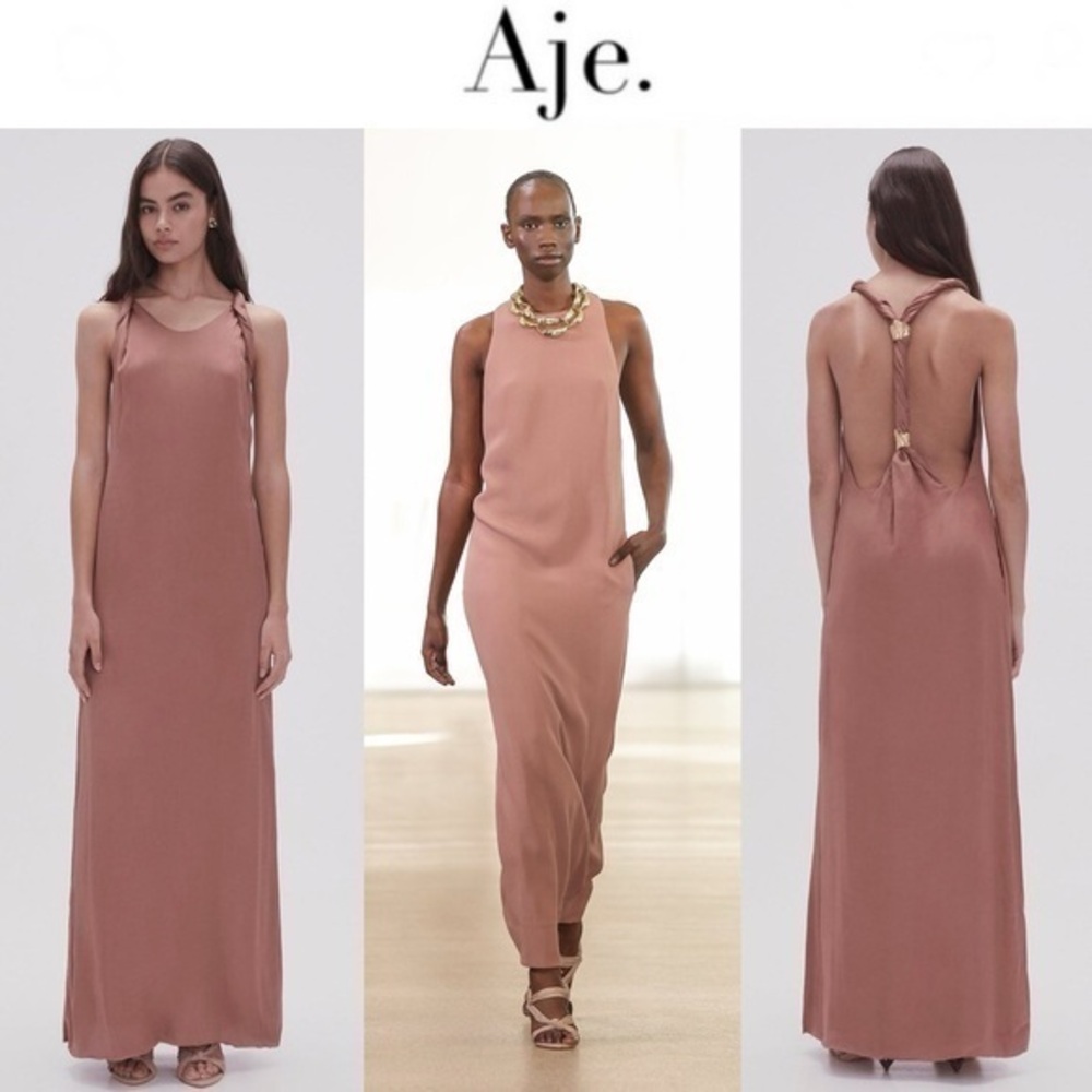 Aje Intrigue Twist Back Backless Midi Dress Chocolate Brown Beige AU 12 US 8 NWT